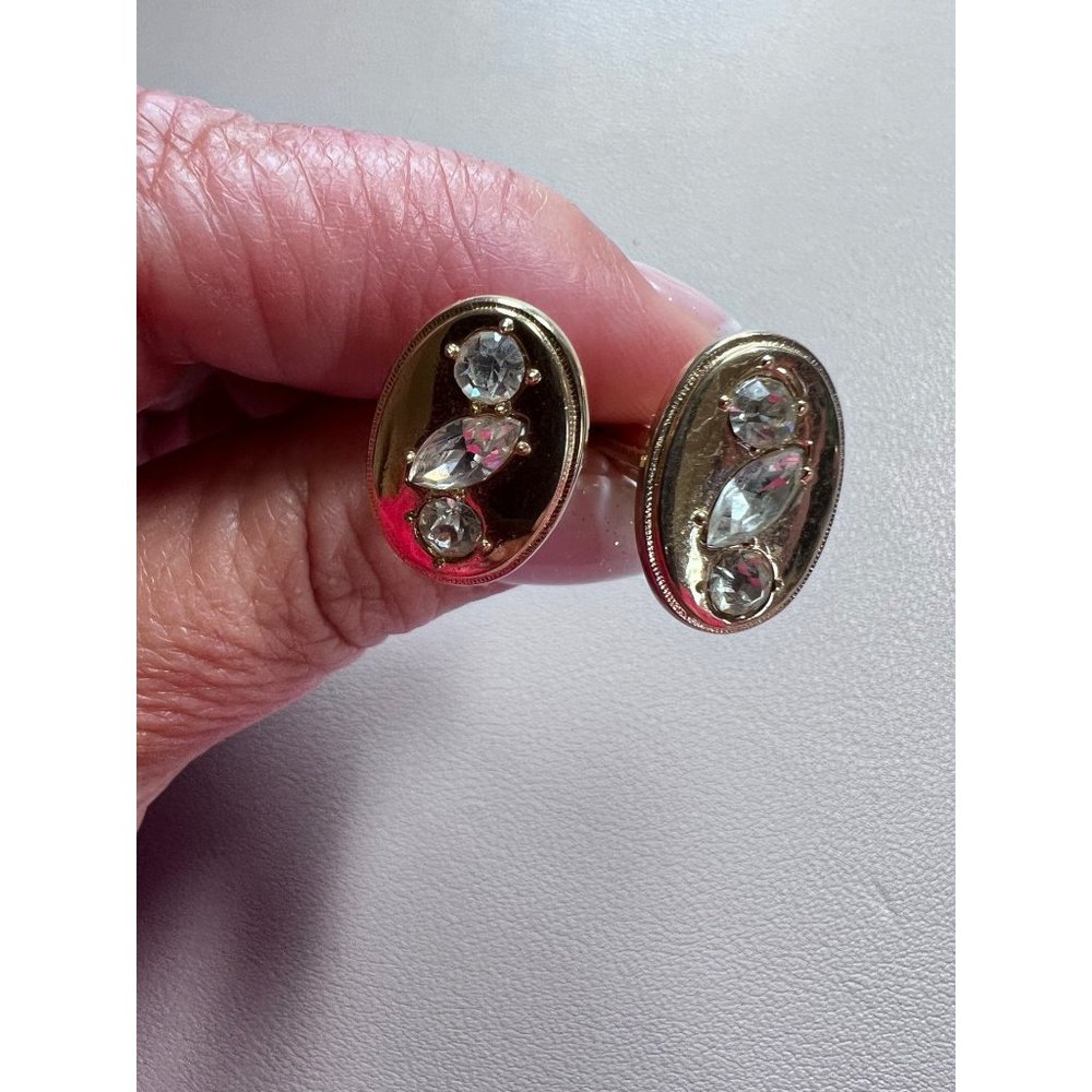 Vintage gold and crystal oval Cuff Links, round and marquis clear crystals